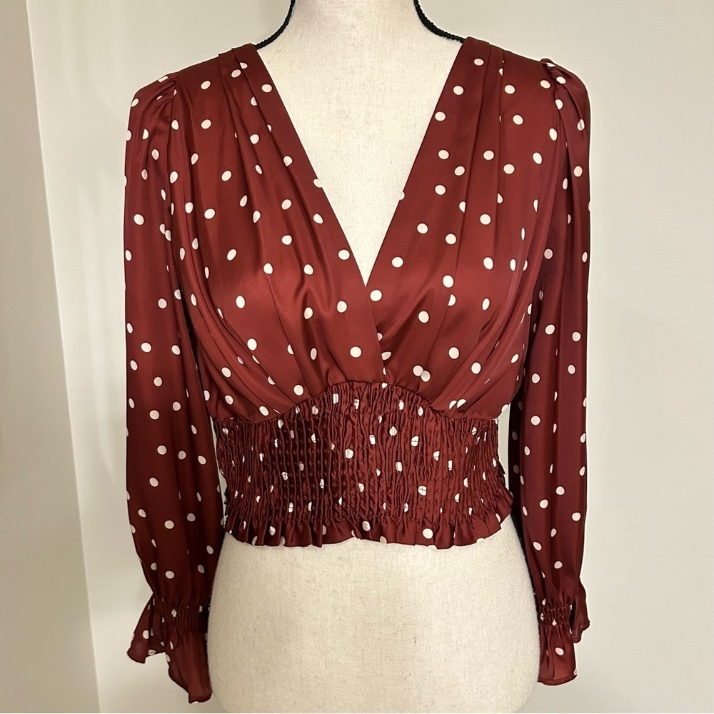 ZARA Rust Polka Dot Long Sleeve Smocked Waist Blouse – Size Small